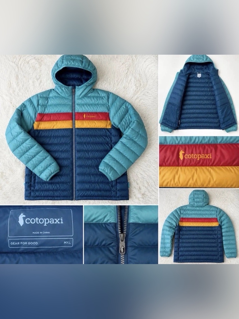 Cotopaxi Fuego Hooded Down Jacket Men’s XL Blue Teal Colorblock Puffer